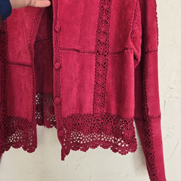 Vintage Suede Leather Crochet Rasberry Pink Jacket - Picture 4 of 12